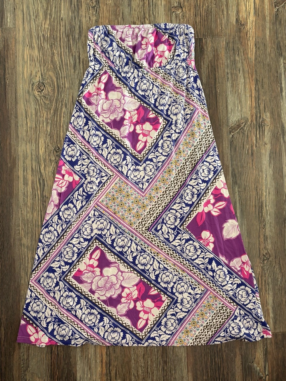 Y2K Route 66 Strapless Maxi Dress L Empire Waist Floral Geometric Colorful KMart